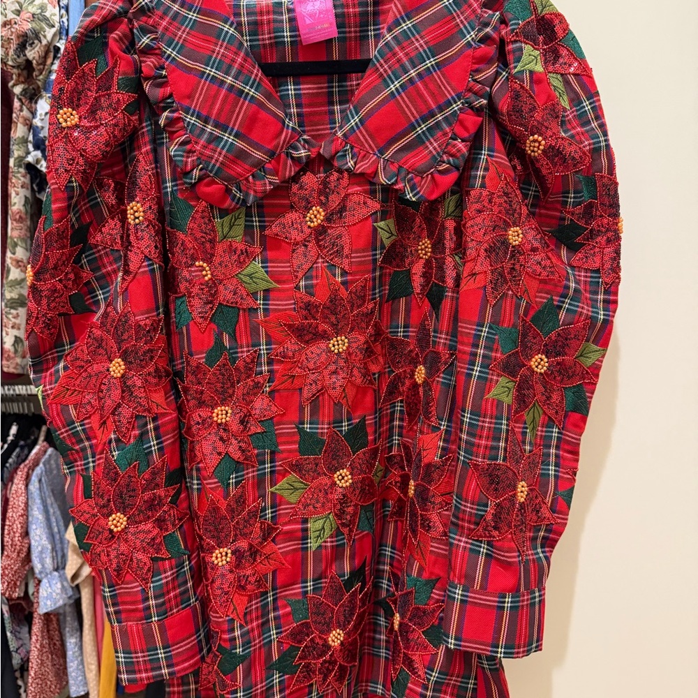 QUEEN OF SPARKLES Red Plaid Dress with Floral Accents